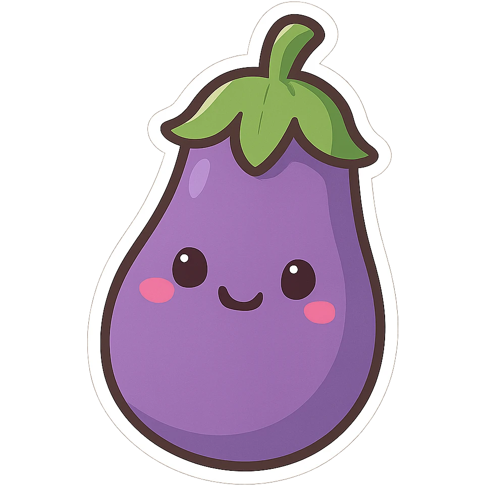 chibi sticker-style eggplant with a smiling face, cute and exaggerated emoji