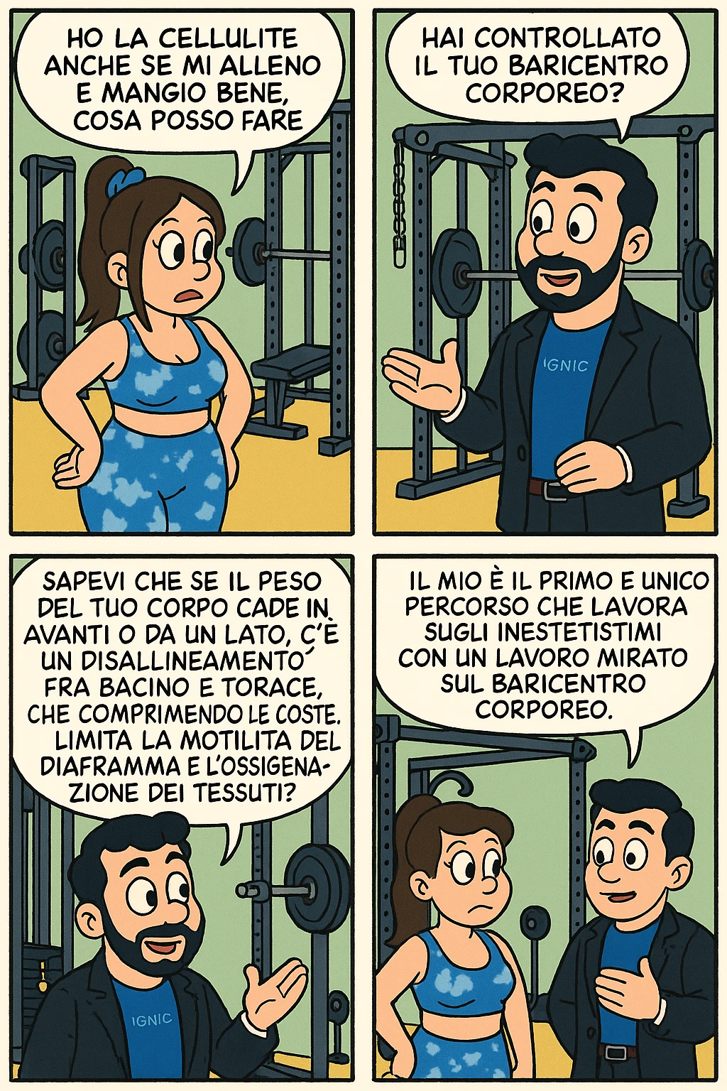 TRASFORMA QUESTO CAROSELLO IN UN FUMETTO STILE TOPOLINO CON QUESTE DUE PERSONE IDENTICHE CHE INTERLOQUISCONO TRA LORO:

LEI: Ho la cellulite anche se mi alleno e mangio bene, cosa posso fare?

LUI: Hai controllato il tuo baricentro corporeo?
LUI: Sapevi che se il peso del tuo corpo cade in avanti o da un lato, c’è un disallineamento fra bacino e torace, che comprimendo le coste, limita la motilità del diaframma e l’ossigenazione dei tessuti?
LUI: Il mio è il primo e unico percorso che lavora sugli inestetismi con un lavoro mirato sul baricentro corporeo. emoji