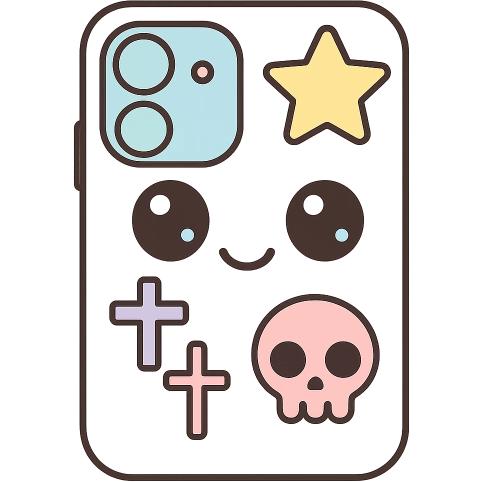 Remove any purse or purse-matching elements. Focus only on a white and black gothic kawaii phone case with big eyes, smiling, playful, cartoonish style, and gothic symbols. No purse references. No background. emoji