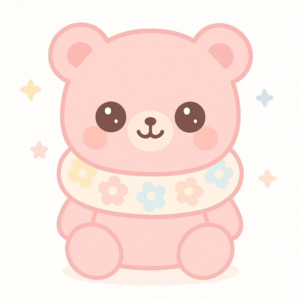 pink teddy bear with a colorful flower-patterned neck pillow, cheerful expression, minimal background emoji