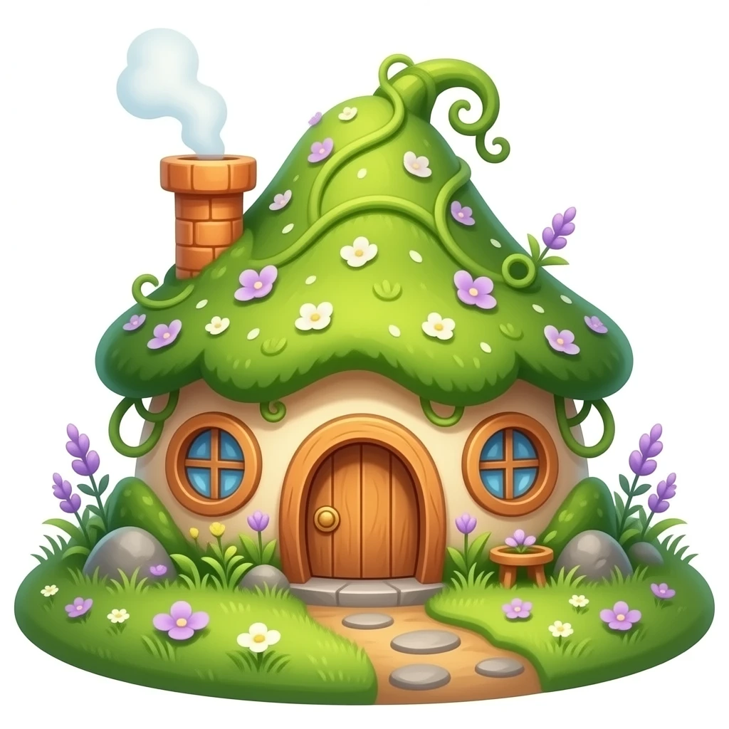 A tiny enchanted fairy cottage in soft green and warm orange tones, made of moss, petals, and curling vines, with round windows, a charming little door, and tiny lilac accents. emoji