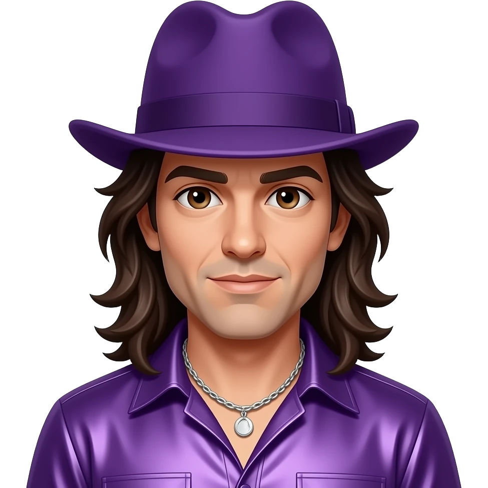 Jonathan Davis with dark brown eyes, long dark brown hair, purple hat, purple metallic shirt, silver necklace emoji