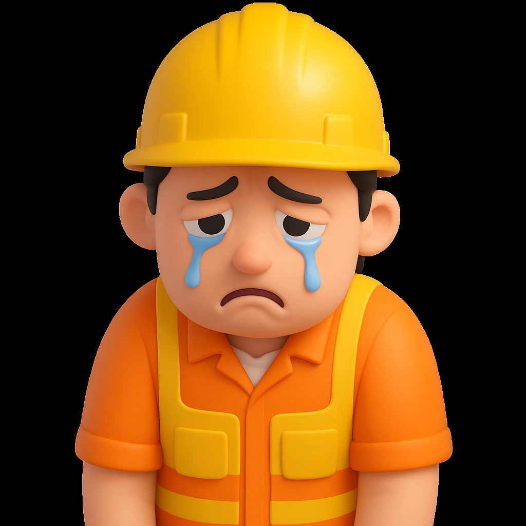 Make the sad construction worker look even sadder, with tears, slumped posture, and a gloomy expression in 3d-emoji style emoji