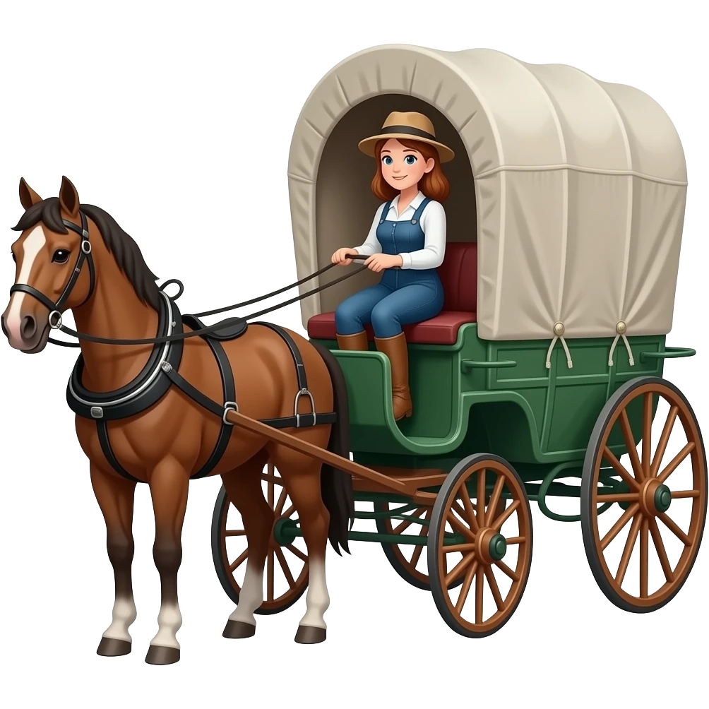 Woman riding in horse drawn covered wagon emoji