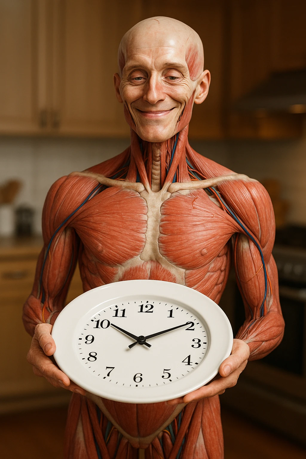 corpo umano anatomico, che tiene in mano un piatto bianco con la lancette di un orologio sopra, figura visibile fino ai fianchi, espressione del volto soddisfatta, sullo sfondo la sua cucina sfocata, iperrealistico 4k emoji