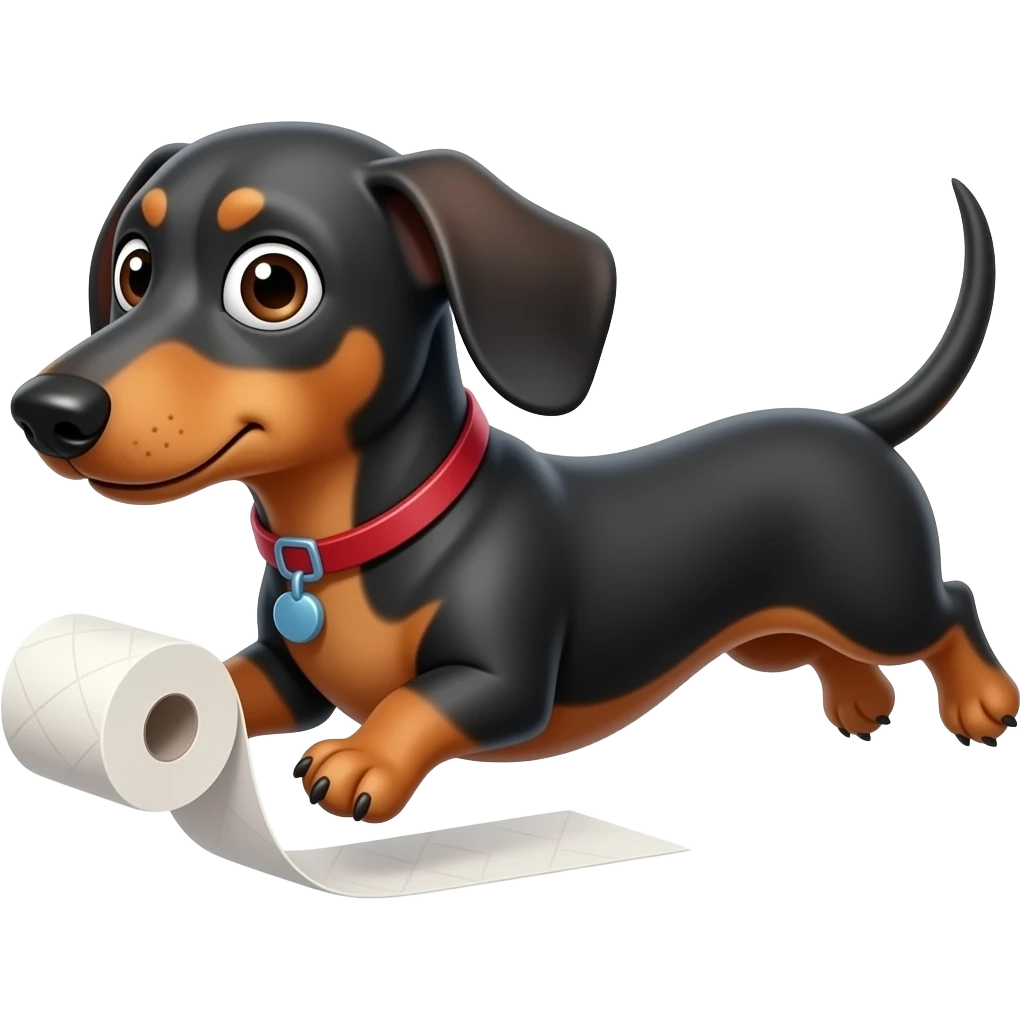 whimsical dachshund wide eyes full body chasing toilet paper emoji