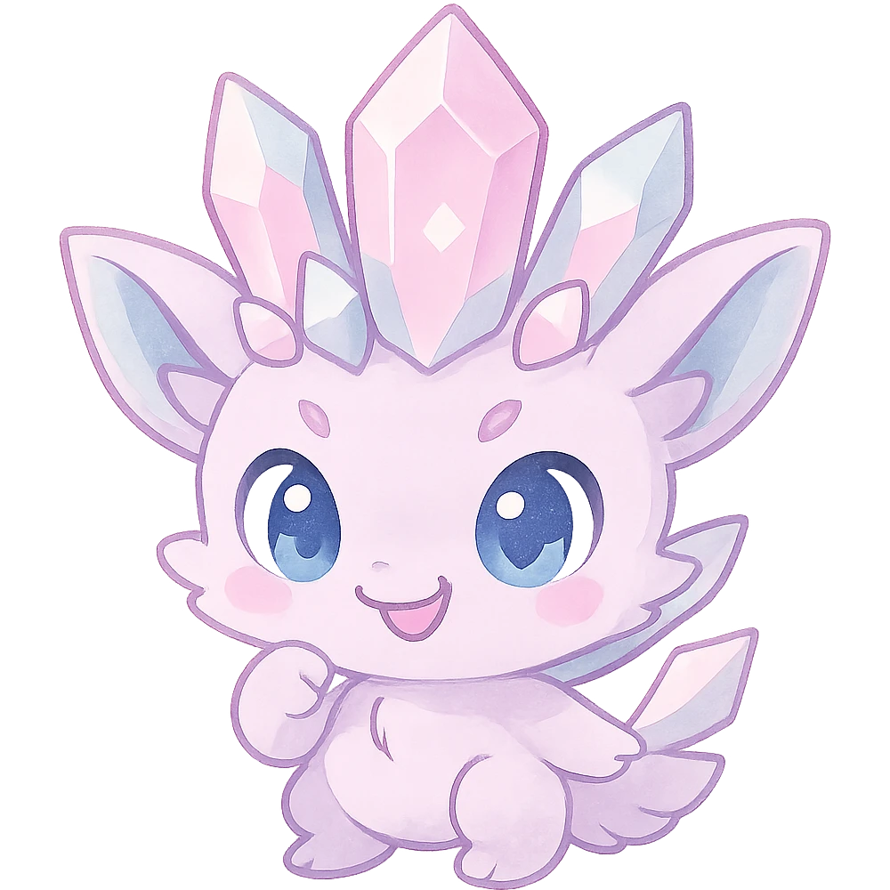 Make the chibi kawaii crystal sprite creature lighter in color using pastel purple, blue, and pink. Keep the mischievous and adorable expression. Remove the background. The style should remain consistent with the original chibi kawaii crystal sprite creature. emoji