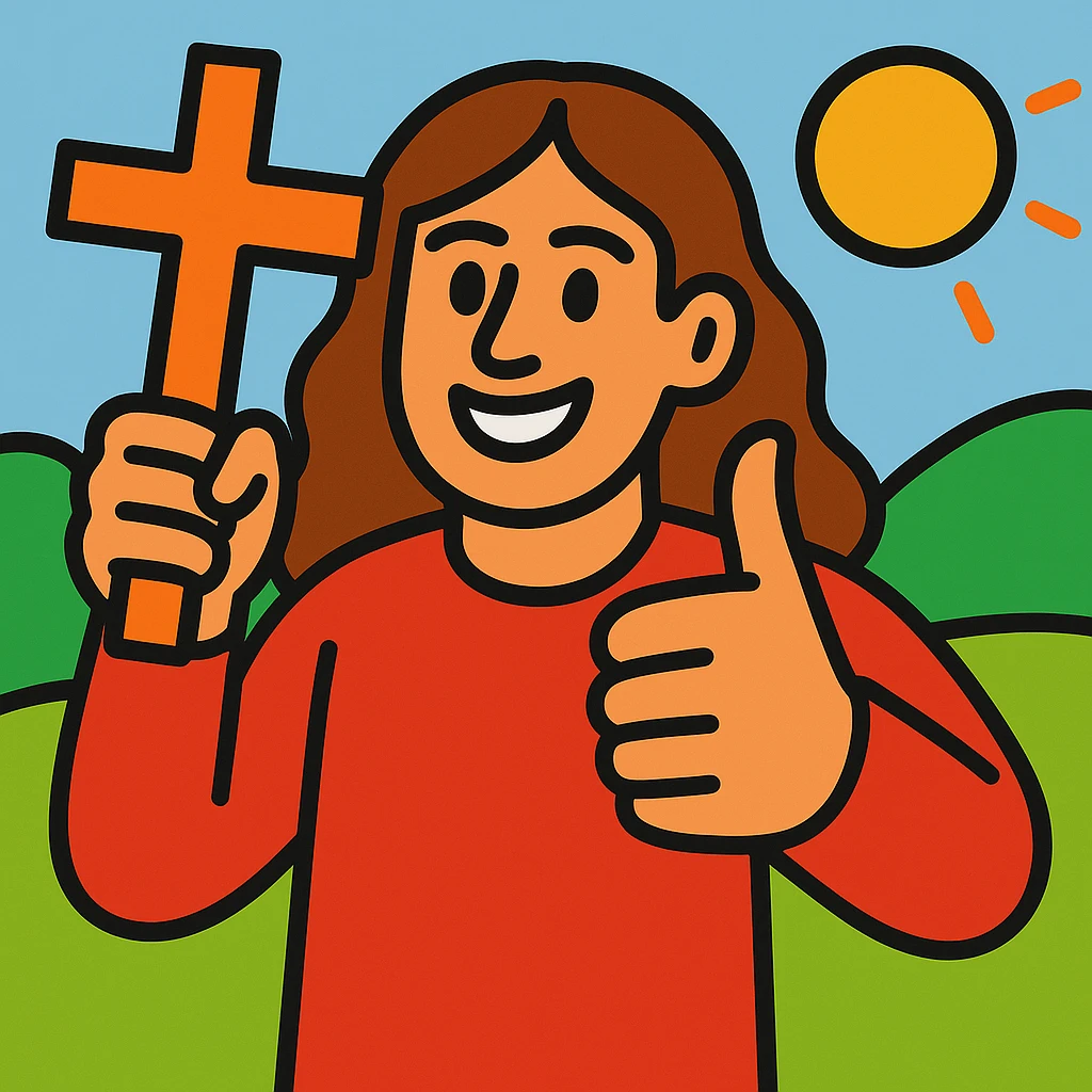 Make the person a boy with long brown hair, holding a cross and giving a thumbs up, in a vibrant cartoon style. emoji