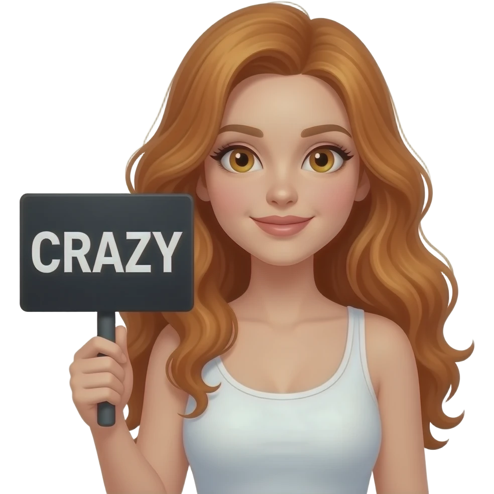 sexy girl with long wavy ginger hair and ginger eyes wearing a white tanktop is holding a black colored sign with CRAZY written on it emoji