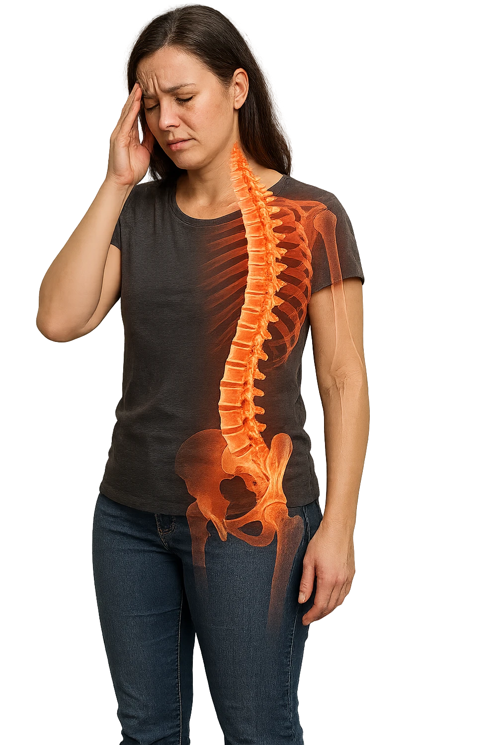 donna stanca a figura intera che si tiene una mano sulla tempia con spina dorsale anatomica visibile, iperrealistico 4k emoji