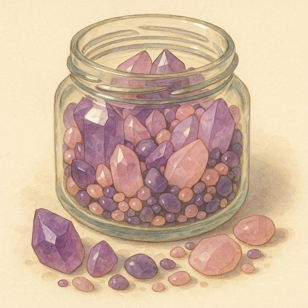 realistic amethyst and rose quartz crystal pieces in an open glass jar, different shapes and sizes, pretty small pebbles, mixed together, natural colors, soft, fairy-like atmosphere, no background, square size emoji