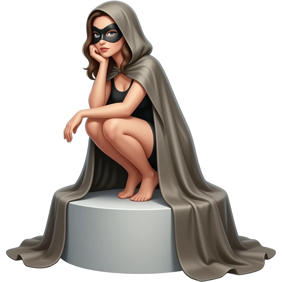 The female figure is in a crouching on a raised pedestal covered with heavy fabric. The most prominent detail is the black mask that covers the upper part of the face. emoji
