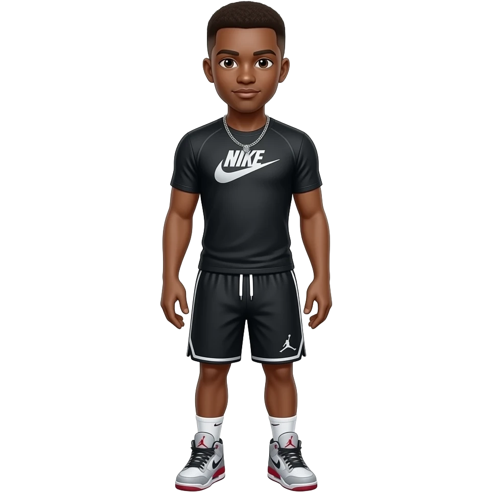 make me a 22 year old brown skin colored man with a thick brown low taper fade wearing a nike compression shirt with jordan shorts and nike ja 3 baskwtball shoes with a diamond chain emoji