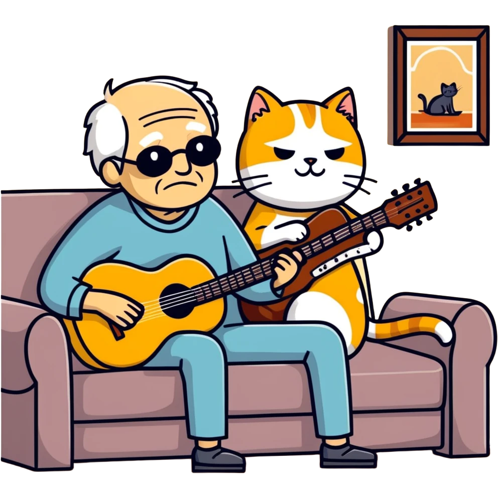  old blind man playing guitar  on the couch with his golden cat  emoji