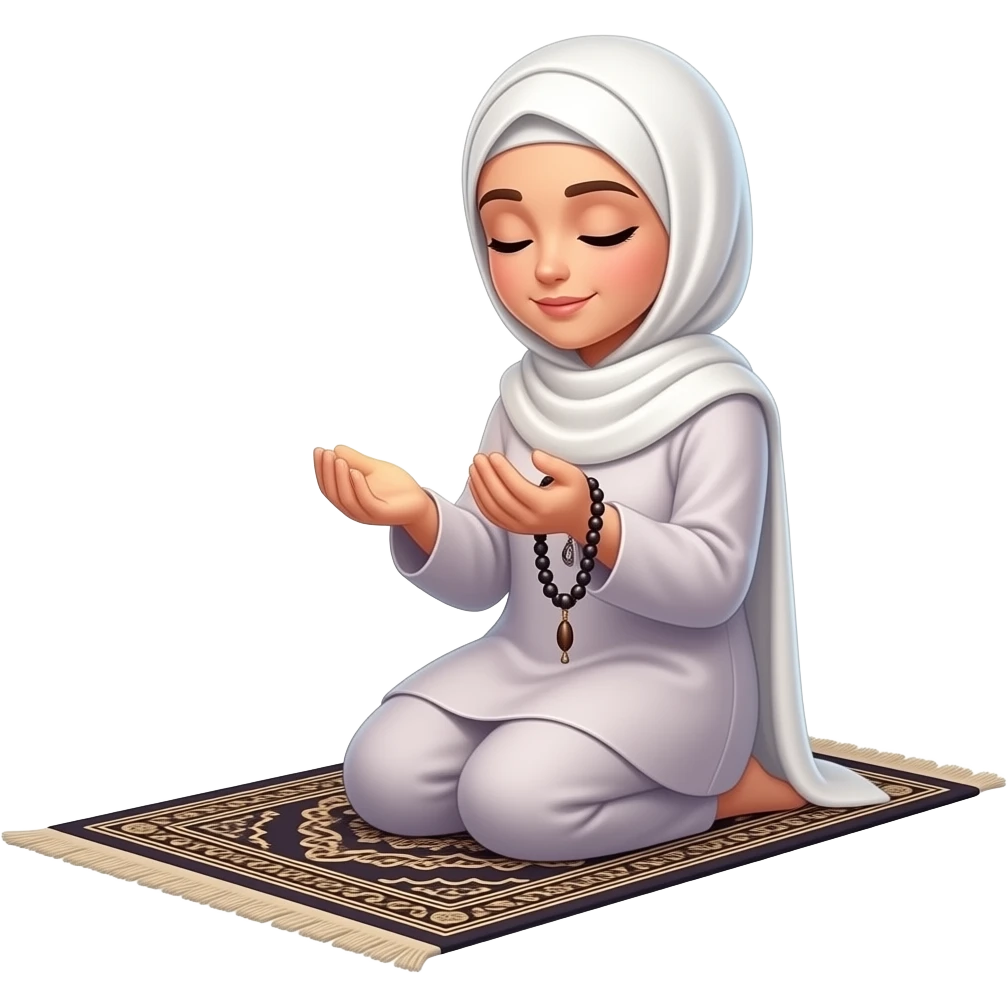 An ethereal Muslim woman, prayed position, closed eyes, wearing a soft white satin hijab, tasbih, prayer rug, gently cupping a luminous Patreon logo (the round 'P' icon) made of liquid light. Text bubble from mind: 'WHAT DO THEY GET IN?'. Isolated on white, magical stardust, 3D icon style emoji