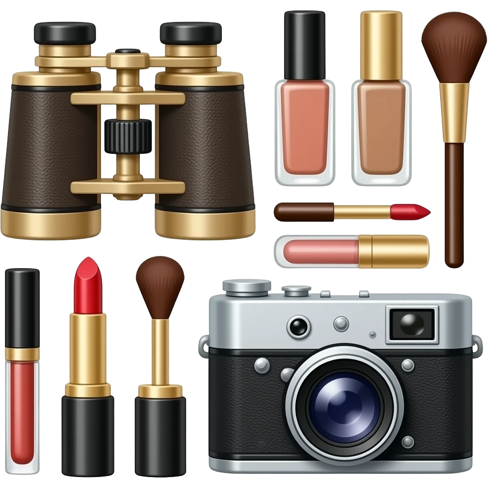 composition of make-up accessories with vintage binocular camera emoji