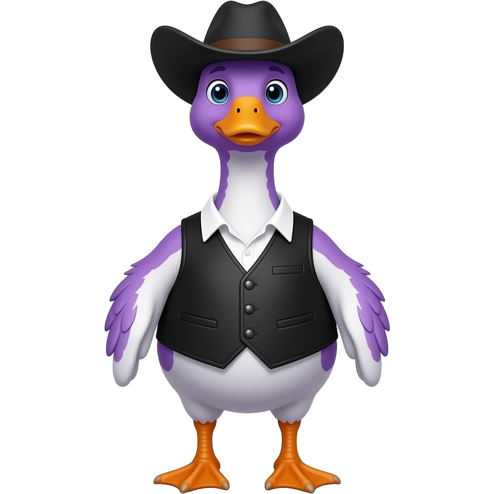orange, purple goose black vest cowboy emoji