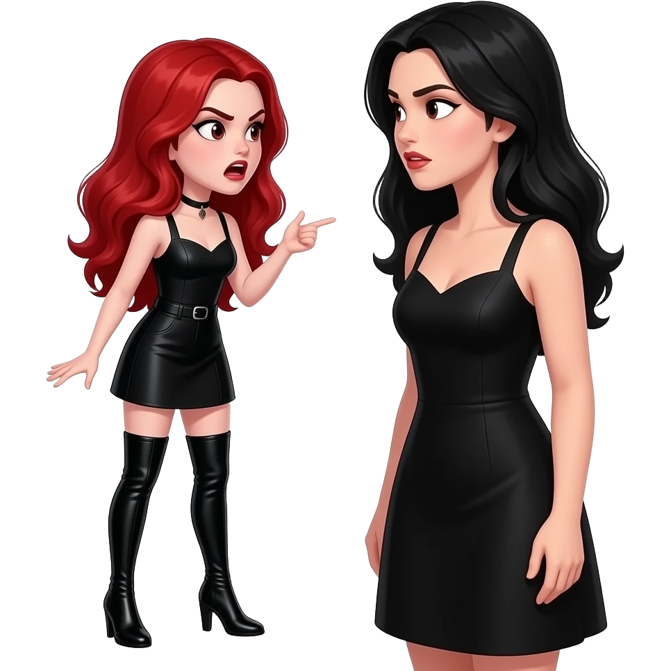 Vampiro femmina adolescente più bassa della madre Vampiro con i capelli rossi con pelle bianca che indossa un tubino nero e degli stivali lunghi neri con tacco i capelli lunghi ondulati rossi che parla ARRABBIATA con la madre che ha un vestito neroadulta e  si guardano negli occhi emoji