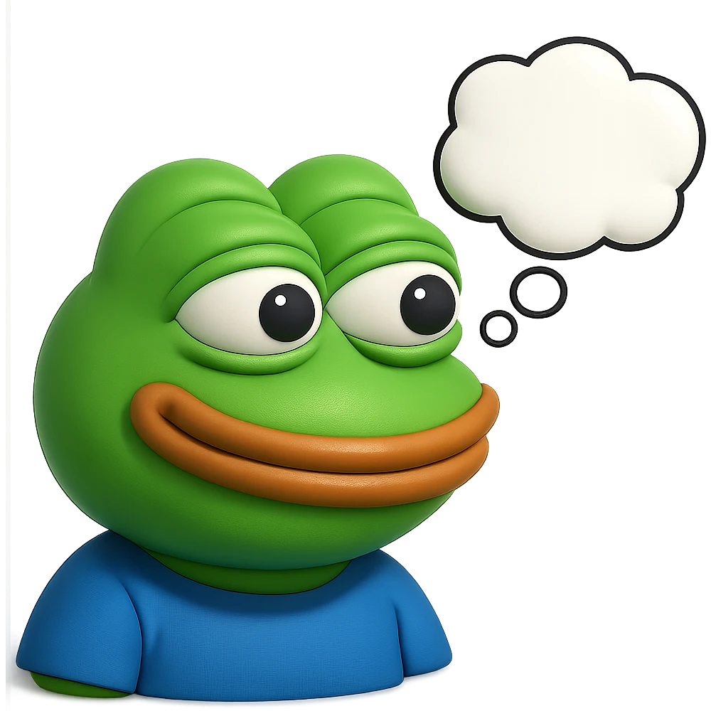 make a pepe in bright green smiling with thought bubble looking at right side in 3d style, good highlights and shadows, drop shadows emoji