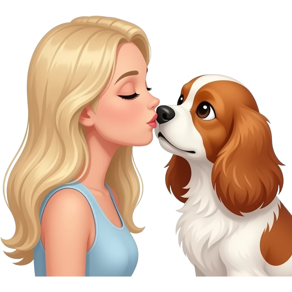 White woman with Long blond hair kissing White/red cockerspaniel on nose emoji