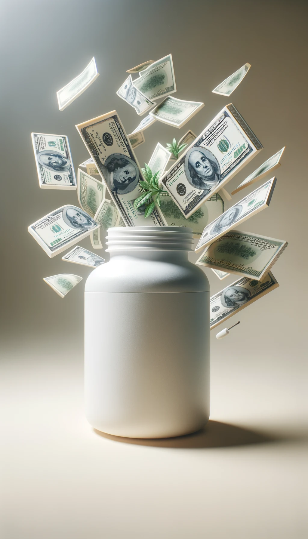 boccetta di integratore fluttua in aria, dalla boccetta aperta escono delle banconote, sfondo neutro chiaro, iperrealistico 4k emoji