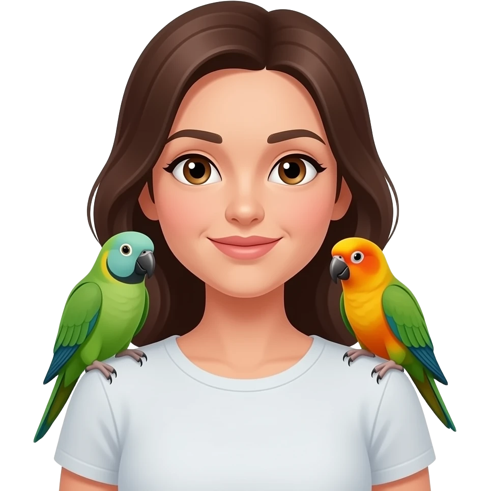 green indian ring neck parrot on a brown haired womans shoulder with a sun conure parrot with all green wings on her other shoulder emoji
