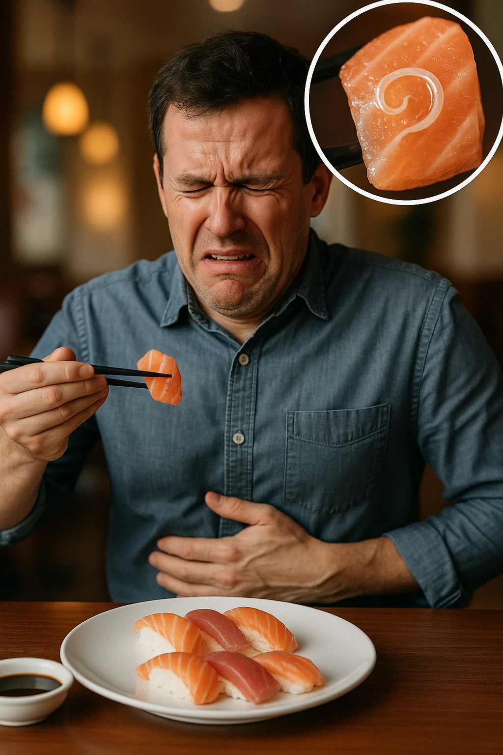 a man sits at a restaurant table, eating a plate of raw fish (such as sushi or sashimi). In a magnified inset, an Anisakis larva is visible inside a piece of fish. The man’s expression changes from enjoyment to sudden discomfort, holding his stomach with a pained look. The background is softly blurred, focusing on the man and the food. in italiano emoji