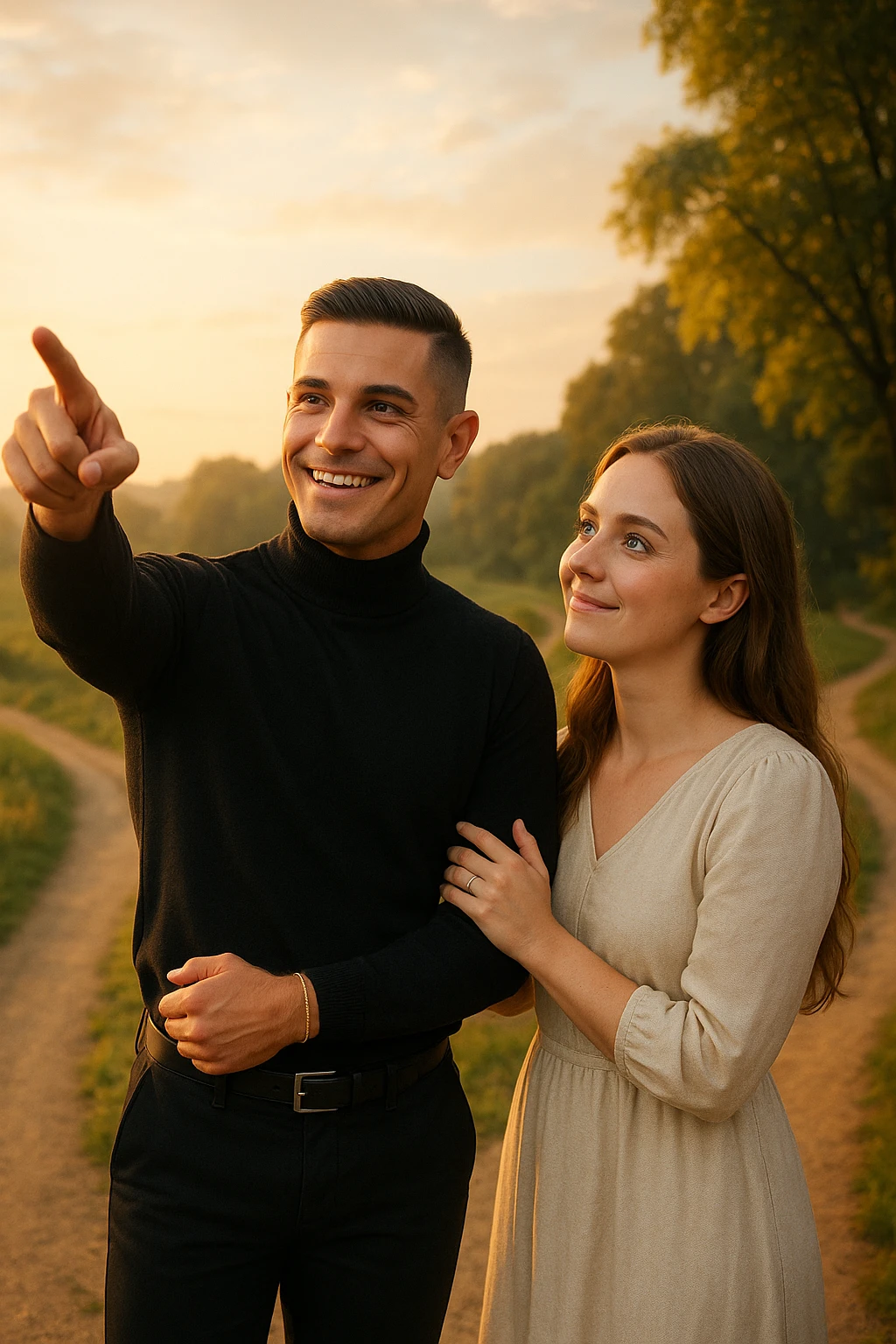 a couple stands at a crossroads, the man pointing confidently toward a direction while the woman looks at him with trust and optimism. Both are illuminated by soft, uplifting light, representing faith in each other’s strengths and the positive outcomes of working together. emoji