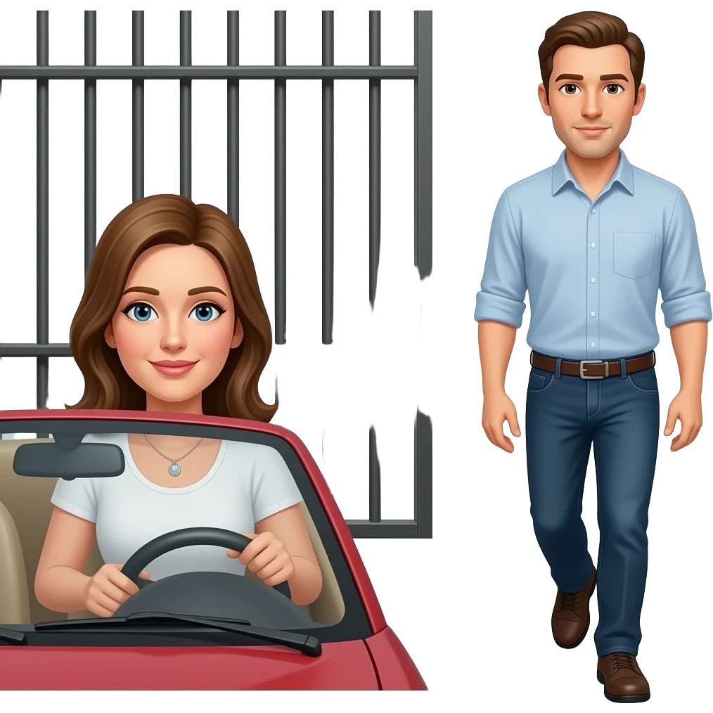 Wife IN convertible CAR, HUSBAND begins walking toward Prison in background emoji