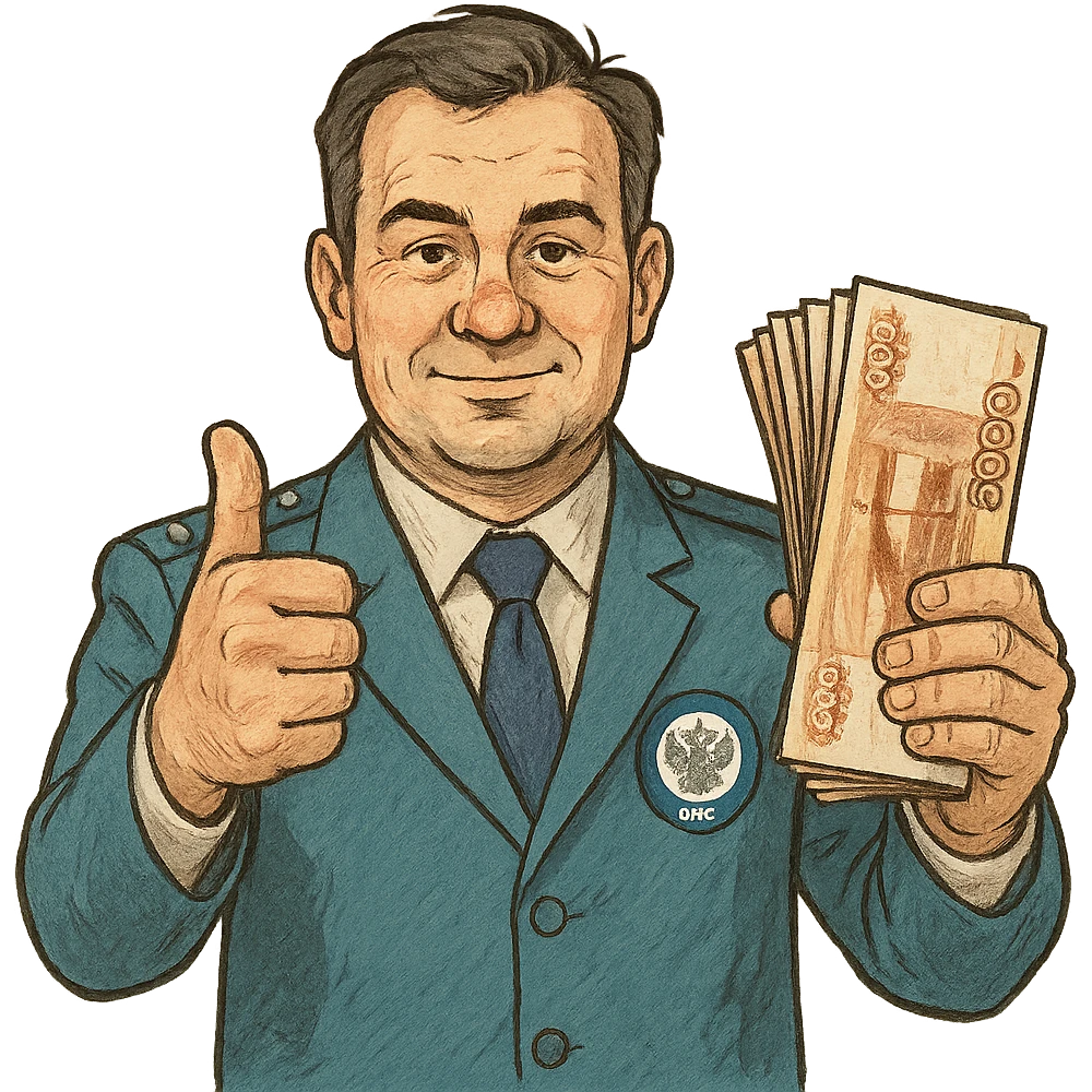 В слегка рисованном, но при этом объемном стиле инспектор ФНС держит пачку 5000 тысячных купюр, другой показывает класс и смотрит ровно на зрителя, прозрычный фон, не обрезать края картинки emoji