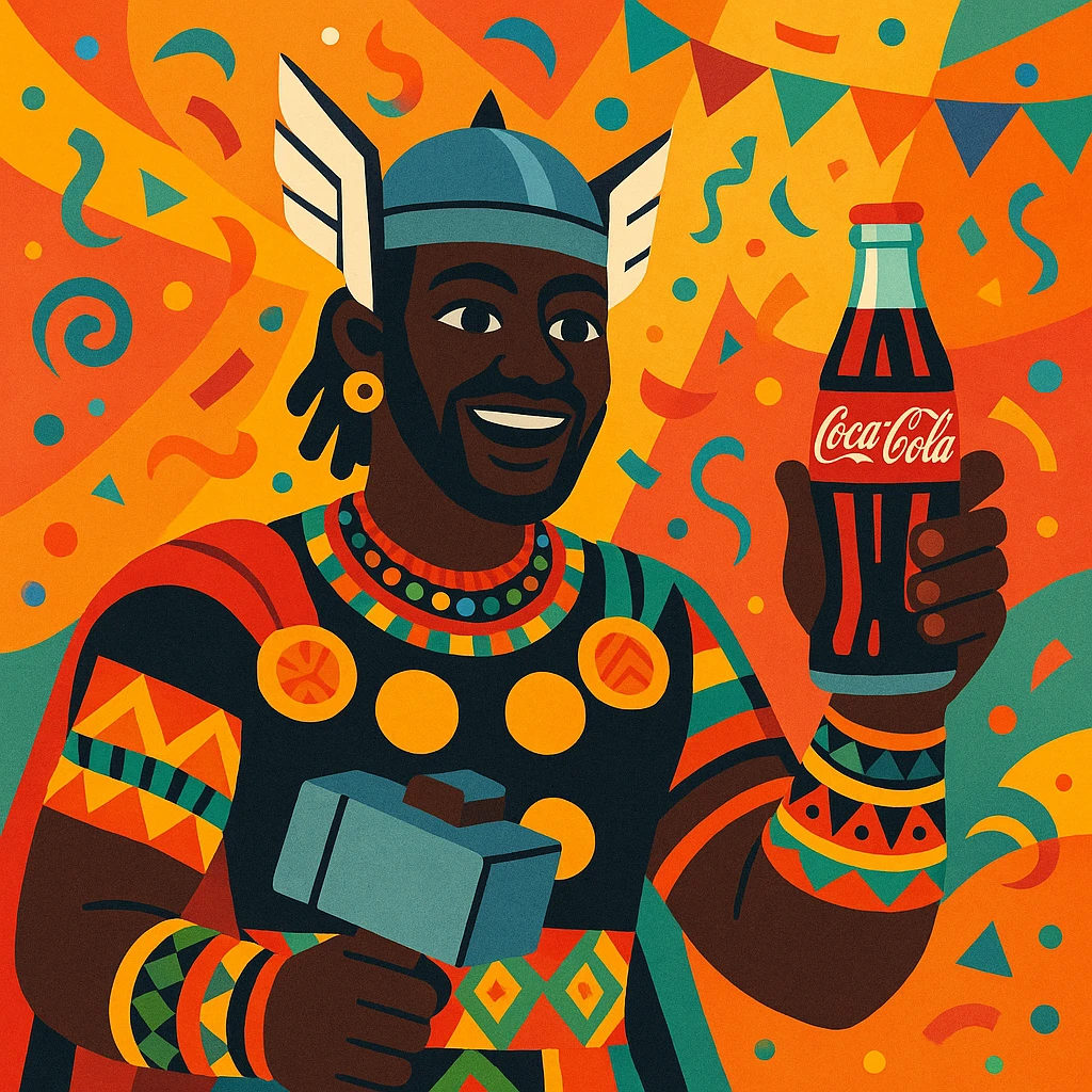 Thor, black face, traditional African clothing, holding a Coca Cola bottle, colorful background, vibrant, festive atmosphere emoji