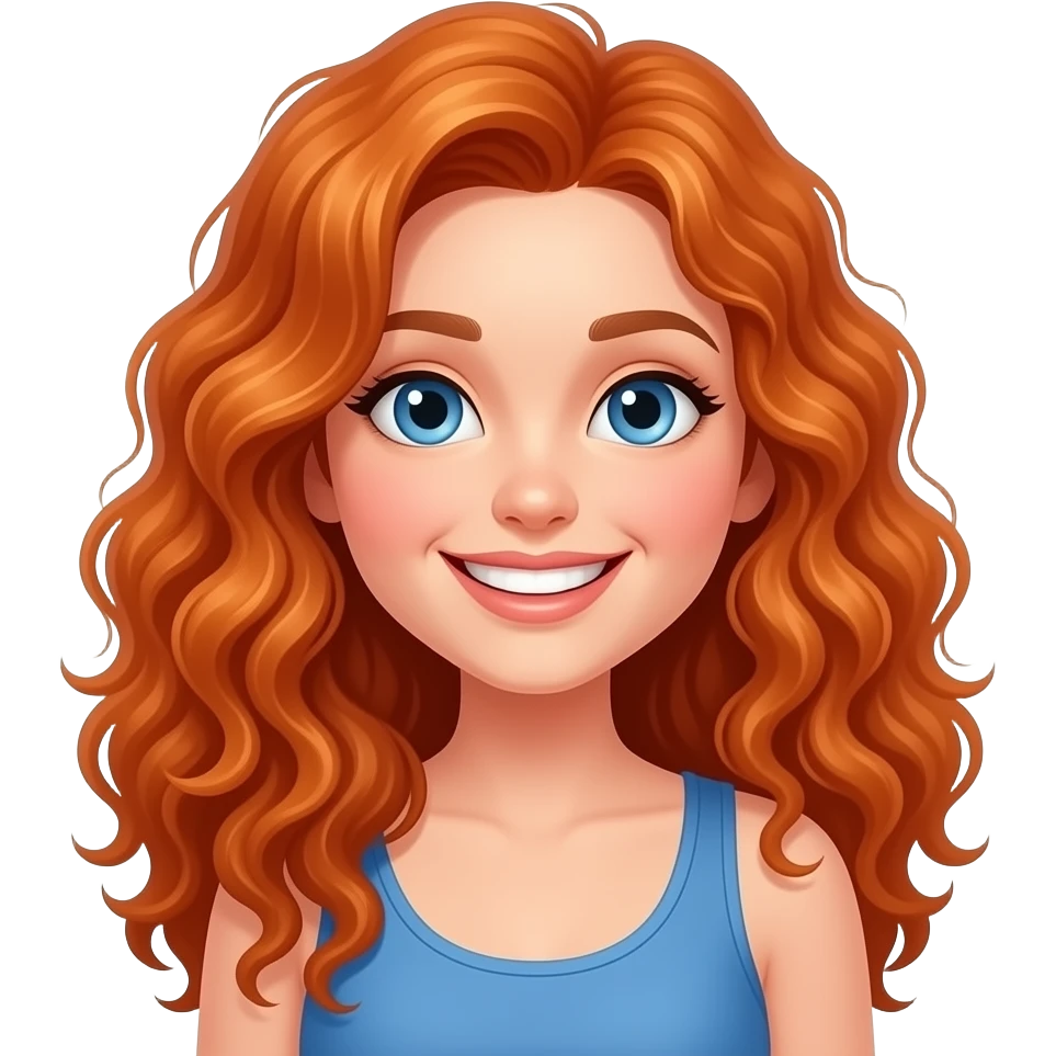 Girl with blue eyes, long red frizzy, volumous hair. Blue tank top. Big smile showing teeth. emoji
