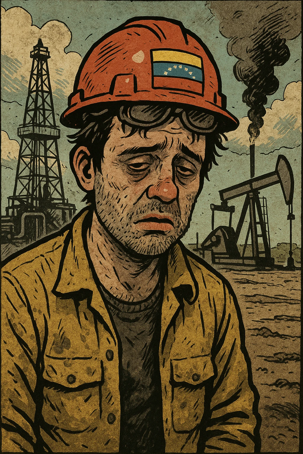 нарисуй в стиле комикса венесуэльского нефтянника на его рабочем месте, который "испортился" - у него щетина некрасивая, лицо помутнённое и несобранное emoji