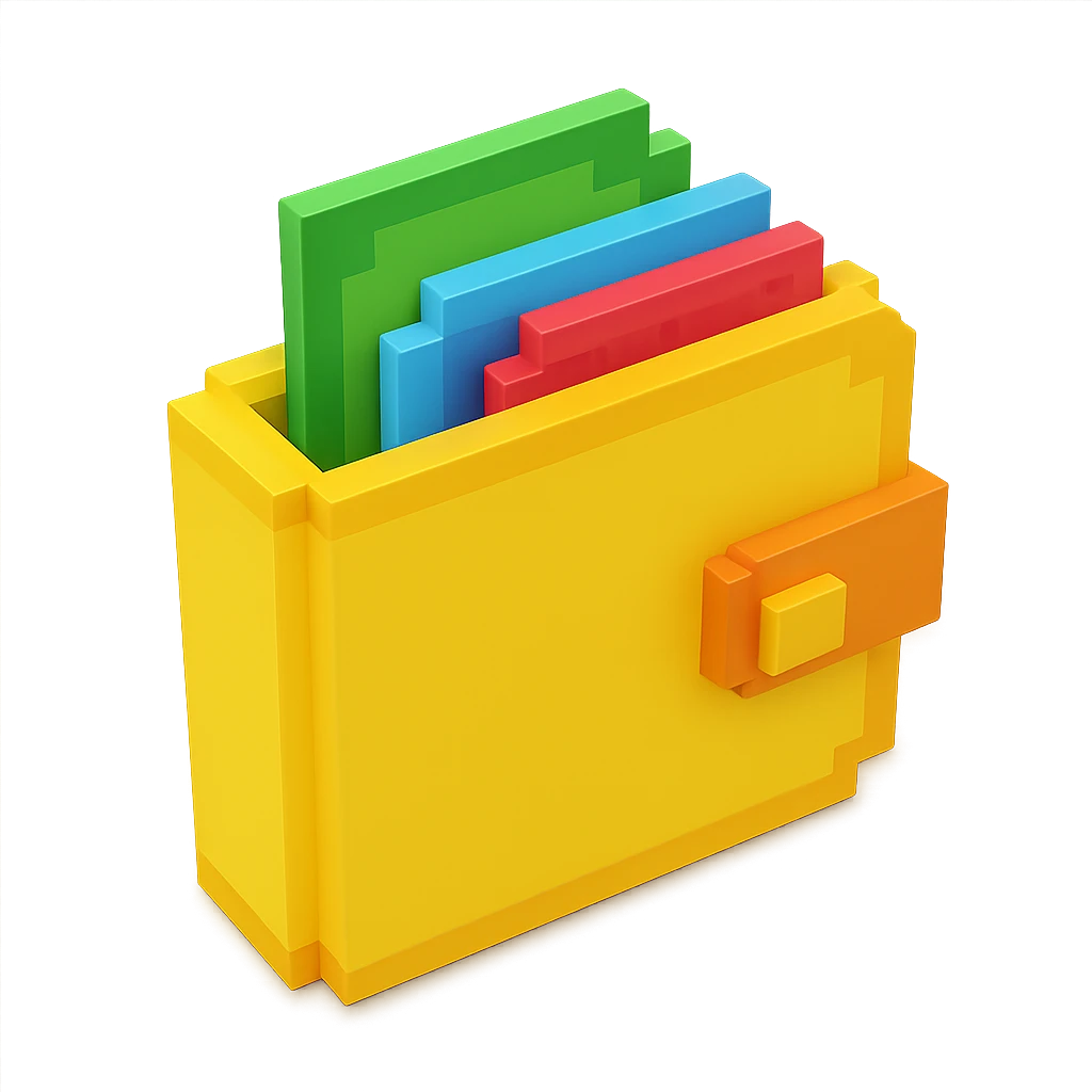 3D voxel style icon of a wallet, viewed from an angle, with a visible fold emoji