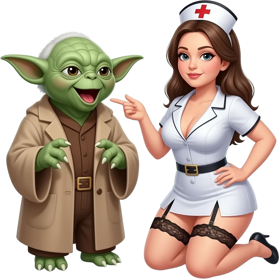 Yoda with a large breasted nurse, very skimpy lingerie,open mouth  wearing garter belt, kneeling in front of yoda emoji