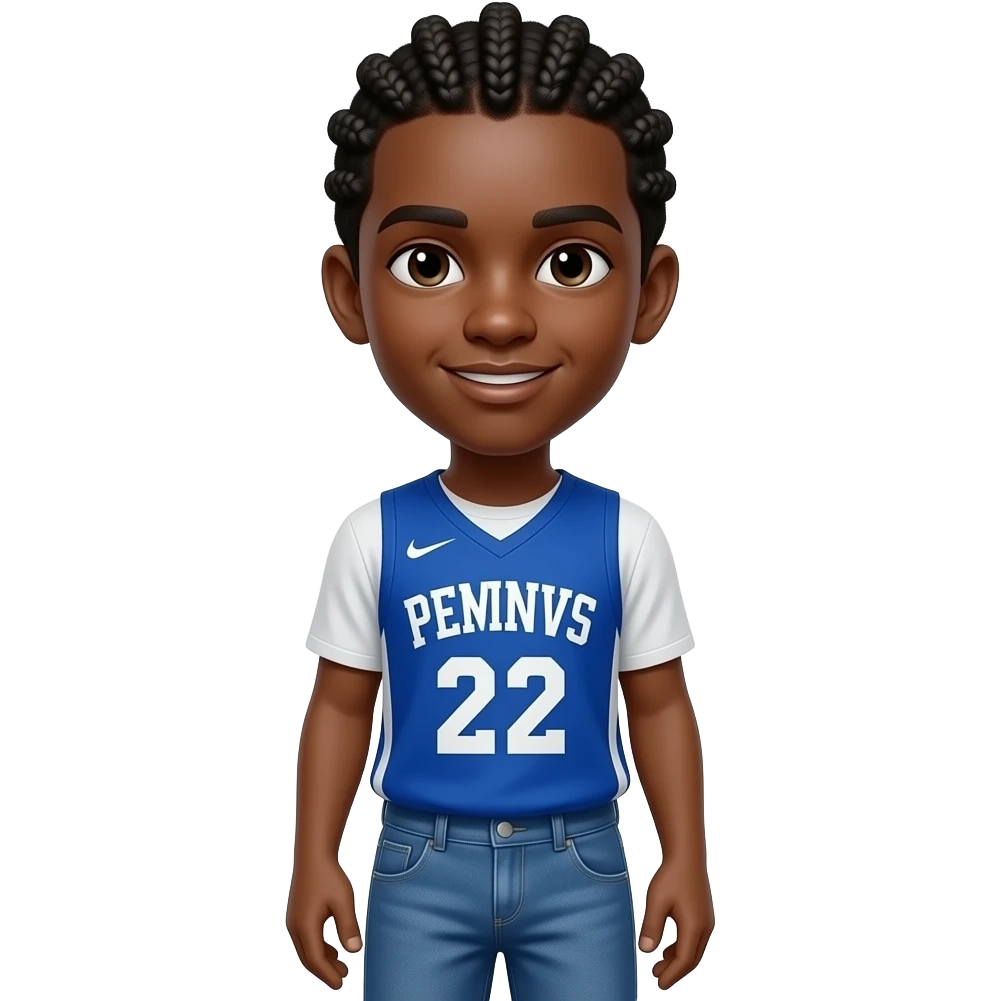 African American teenage boy with cornrow braids wearing a blue and white jersey shirt with 22 on it wearing jeans emoji
