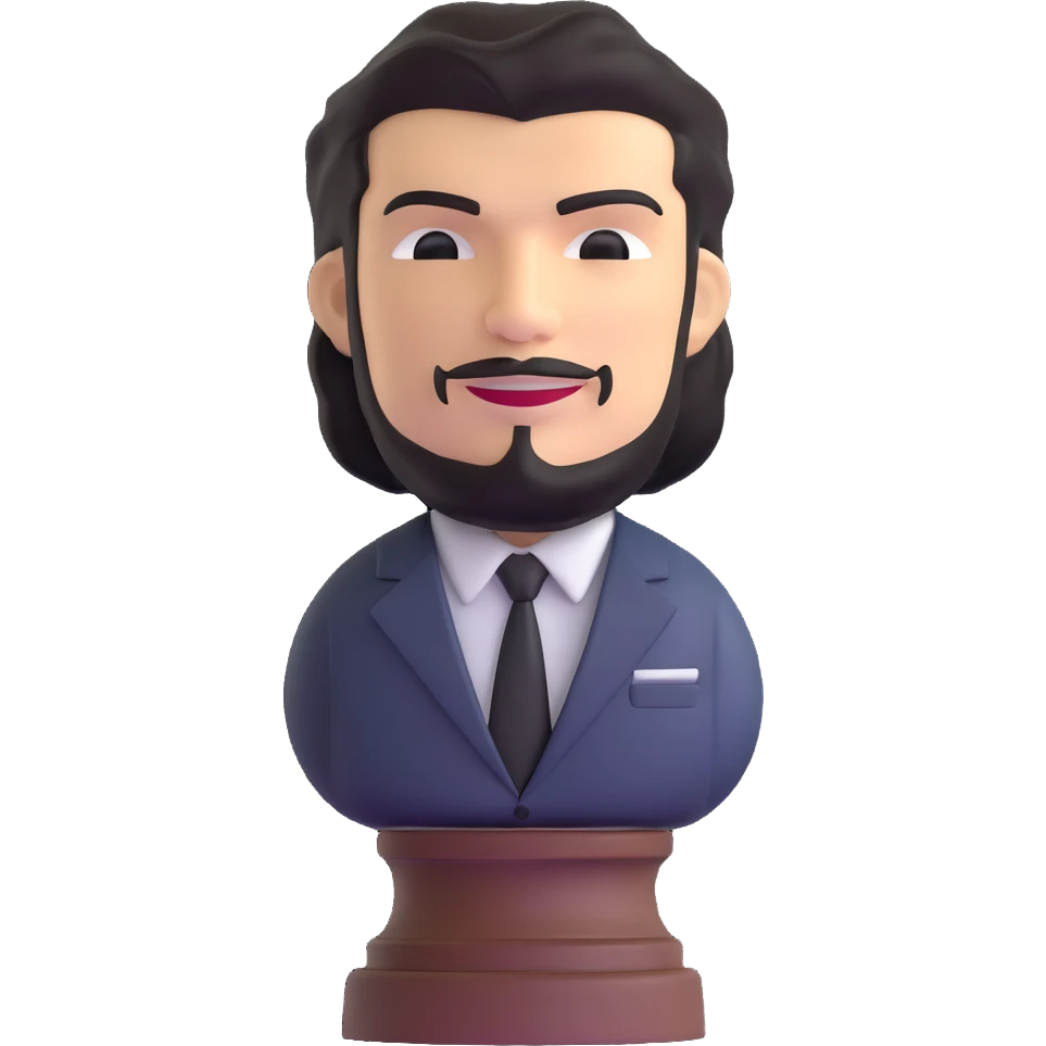 statuette of Che Guevara in a suit and tie, big head, confident smile emoji