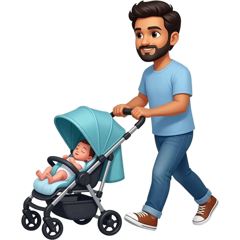 south indian young adult with beard walking new born in stroller for babies emoji