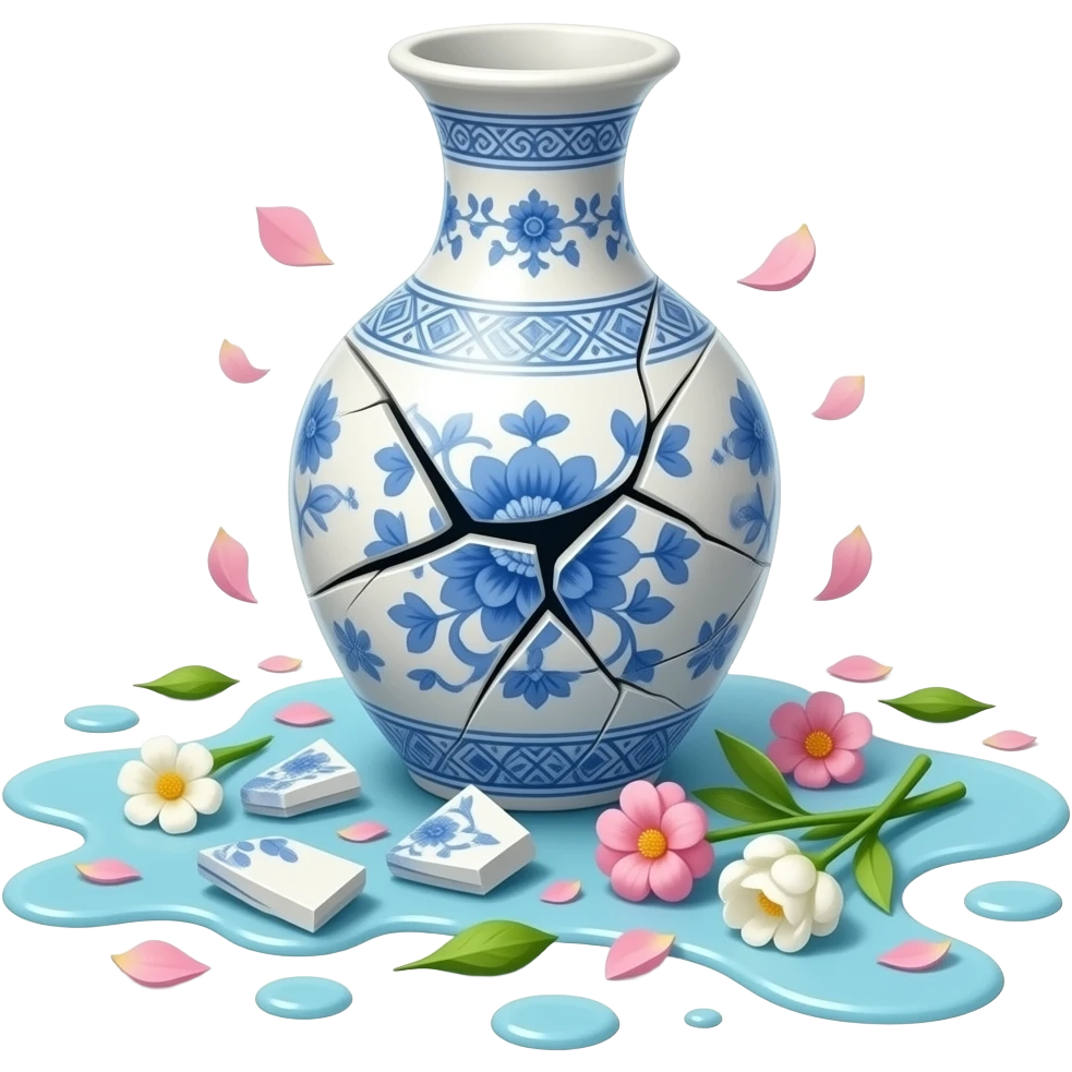 A shattered vase on the floor, broken into pieces. Flowers scattered around with petals and bent stems, water spilled creating small puddles. emoji