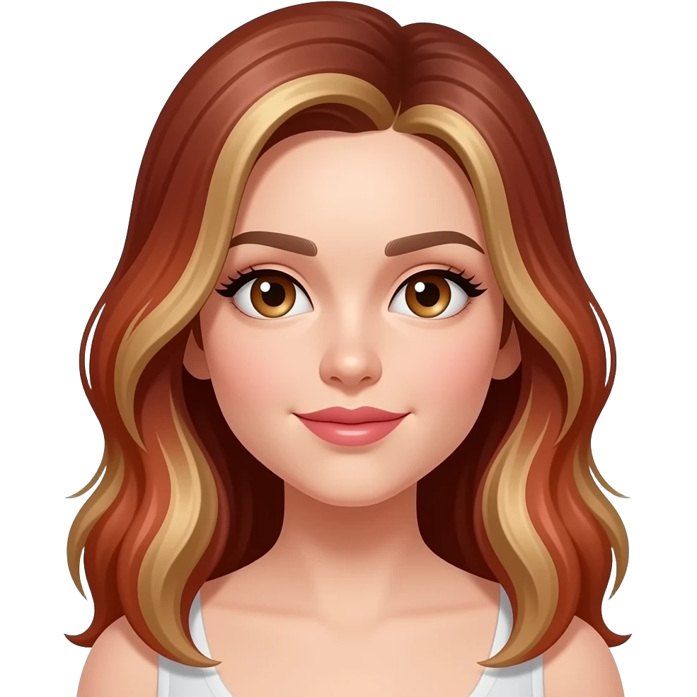 red brown add blond highlight long hair, hazel eyes, round face, lip mold emoji