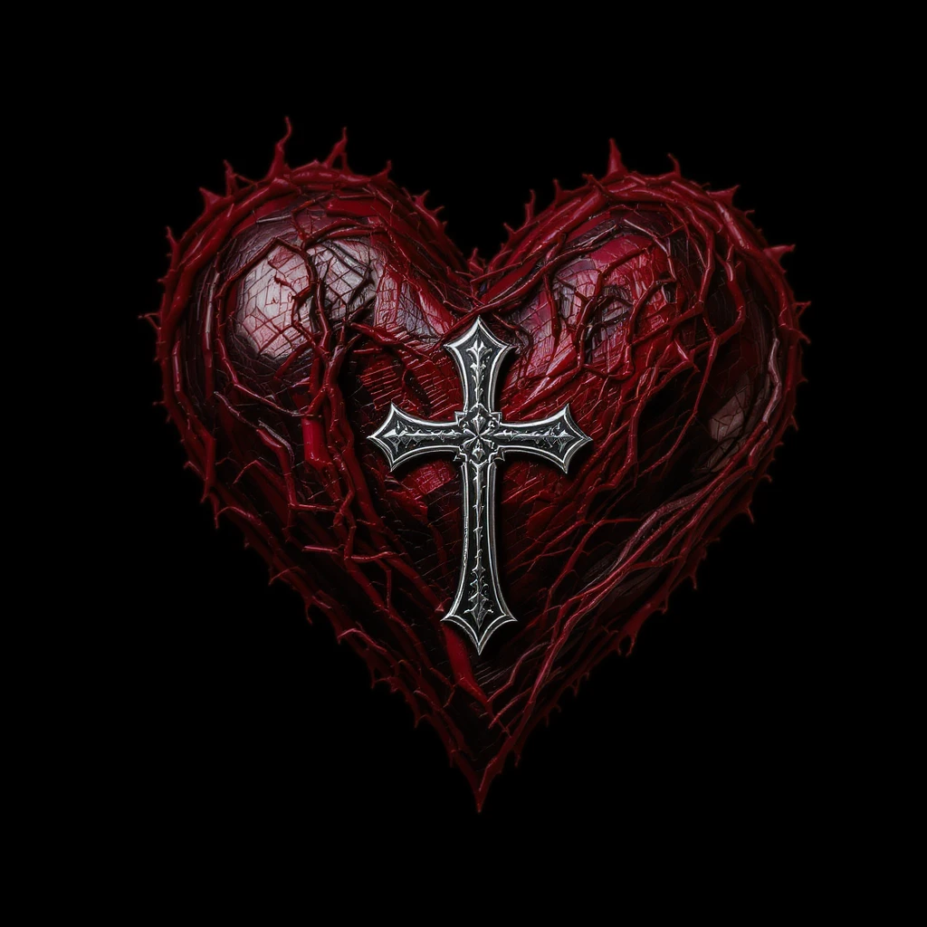 gothic heart with a silver cross, professional photography style emoji