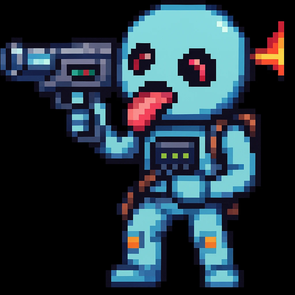 Make it pixel art style: Edit the emoji so it is putting the sci-fi blaster toward its tongue, keeping the pixel art style. emoji