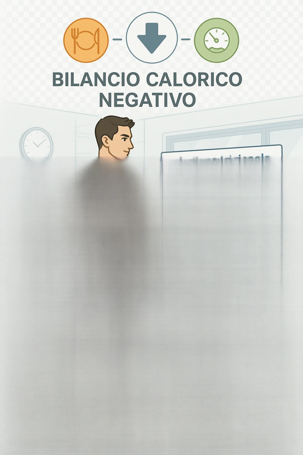 a man stands on a digital scale, looking at a nutrition chart that shows his daily calorie intake is lower than his energy expenditure. Floating icons above his head display a negative calorie balance, and his body appears slightly leaner, with visible muscle definition. The background is a modern clinic, emphasizing the concept of caloric deficit. scritto in italiano emoji