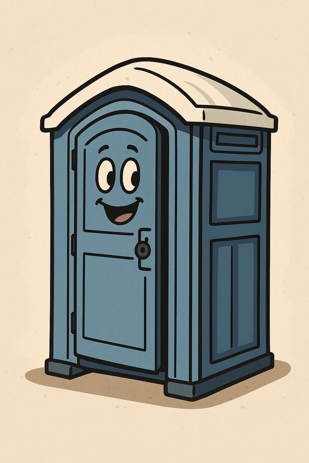 cartoon style portable toilet (portaloo), blue with white roof, door slightly open, fun and approachable emoji
