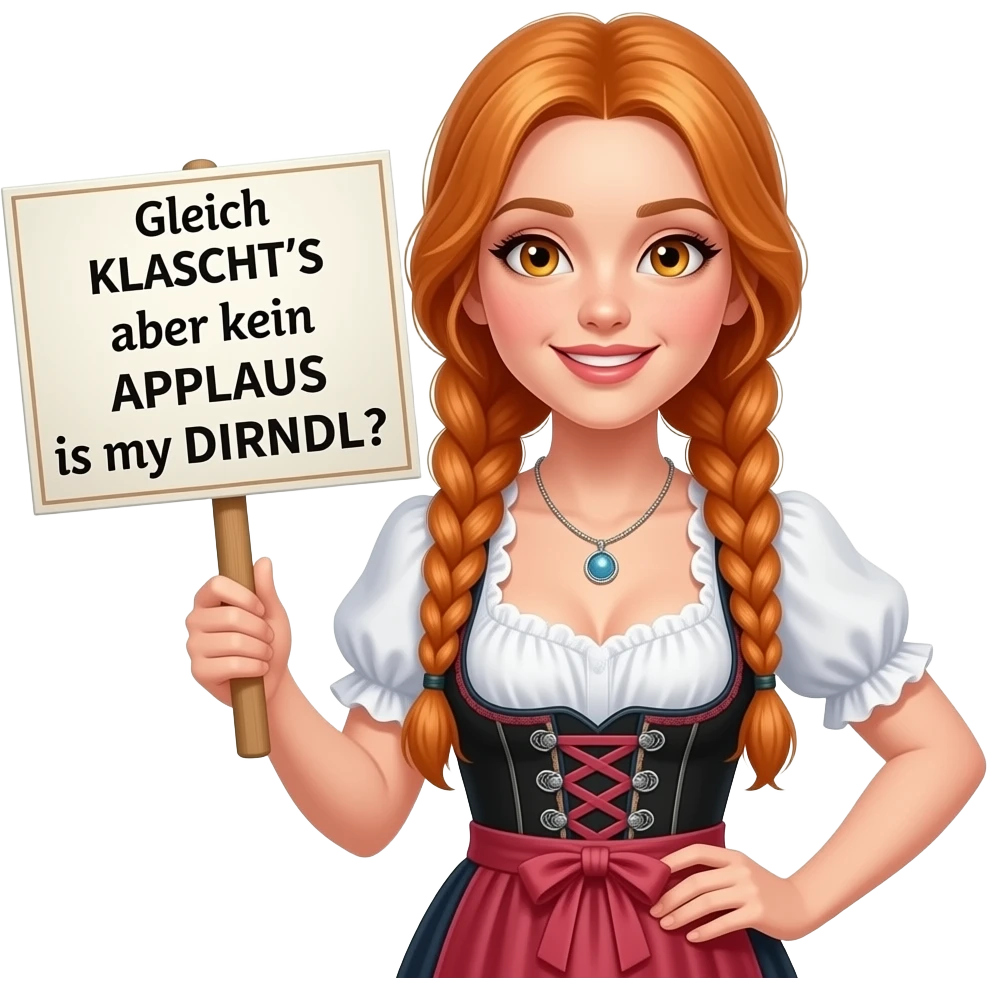 sexy girl with overlong ginger hair in braids and ginger eyes wearing a dirndl holding a Gleich KLATSCHT'S aber kein APPLAUS is my DIRNDL? sign emoji