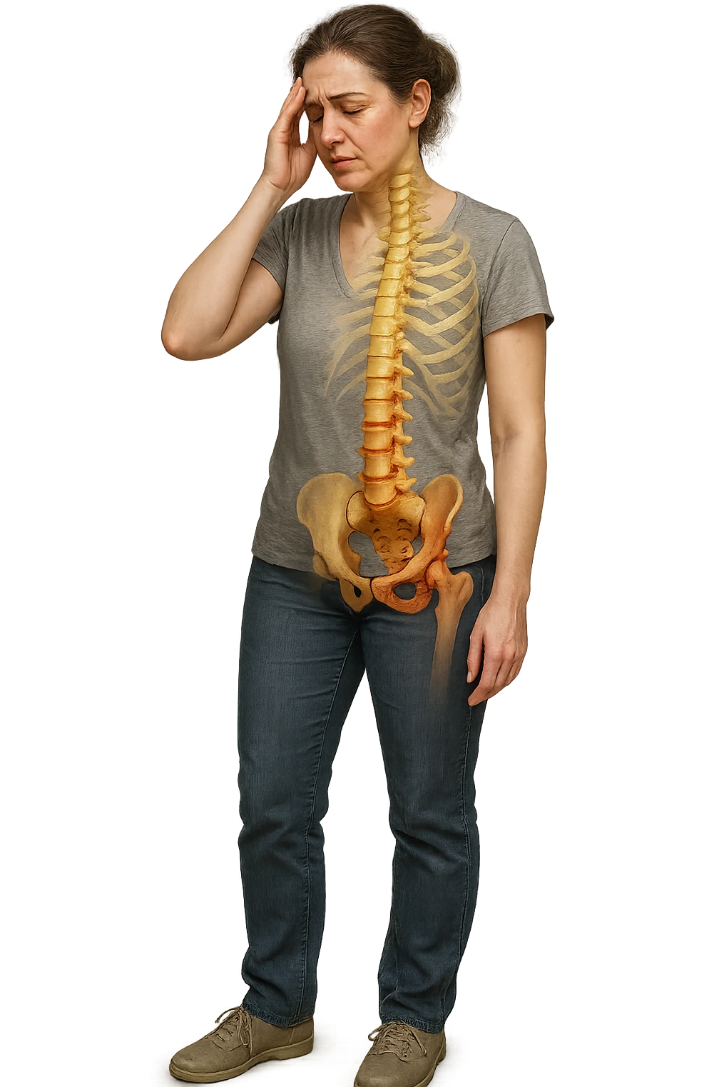 donna stanca a figura intera che si tiene una mano sulla tempia con spina dorsale anatomica visibile, iperrealistico 4k emoji