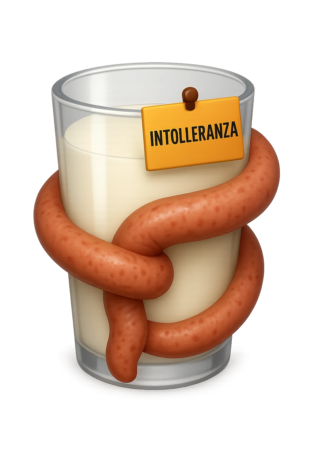 emoji stile iphone di un BICCHIERE DI LATTE CON COLON ATTORCIGLIATO INTORNO, HA UN CARTELLO CON LA SCRITTA "INTOLLERANZA" iperrealistico 4k, isolato su sfondo bianco emoji
