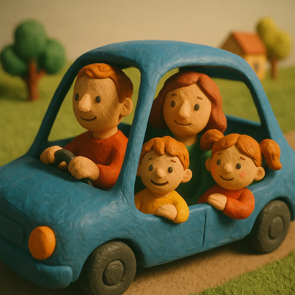 parents take their children home, family in a car driving home emoji