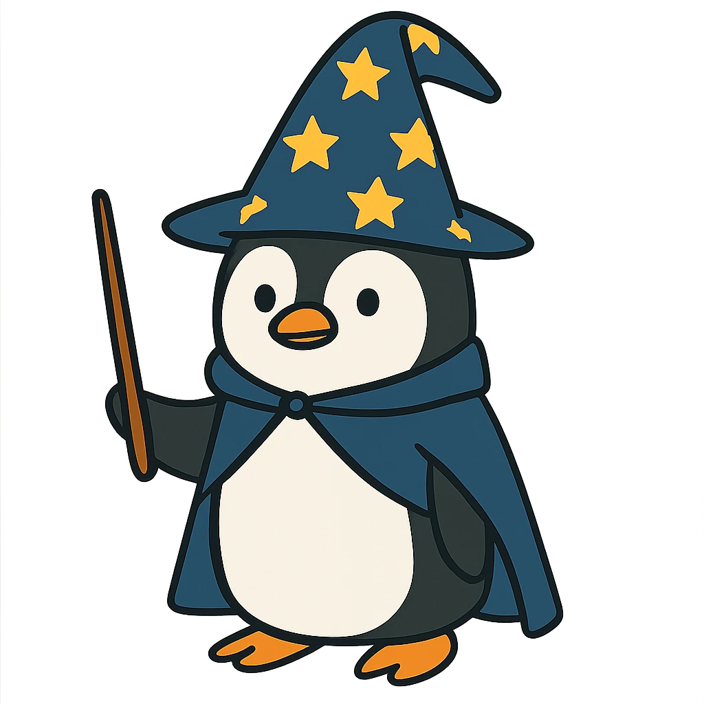 flat toon style penguin wizard with starry hat emoji