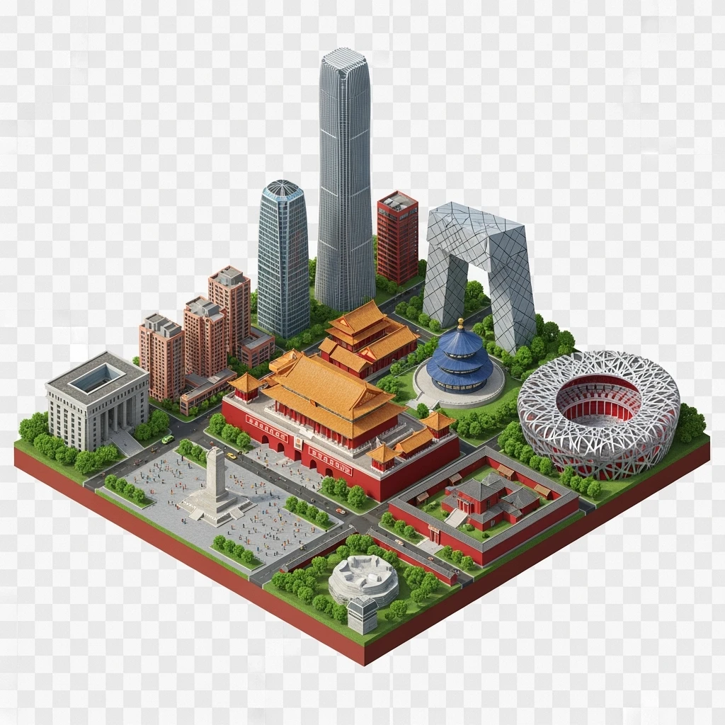 Isometric miniature of Beijing Forbidden City, Tiananmen Square, CCTV Headquarters, Temple of Heaven, China Zun skyscraper, Bird’s Nest Stadium, Beijing apartment blocks, 3D miniature effect and Tilt Shift effect, no cartoonish look, transparent background, don't cut angles emoji